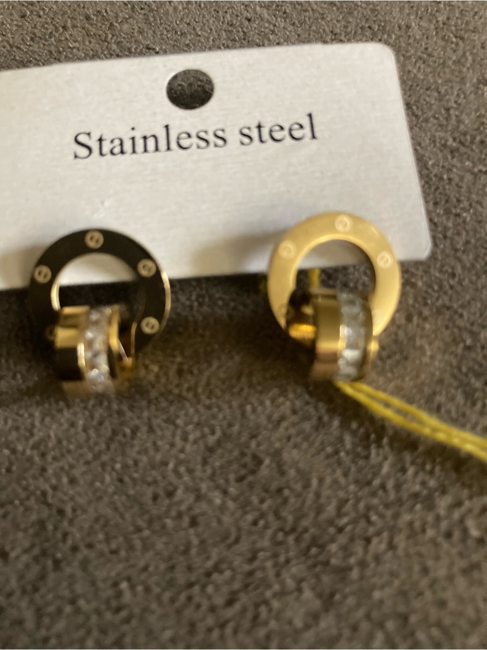 Stainless Steel Two-Tone Gold & Black Hoop Earrings with Crystals